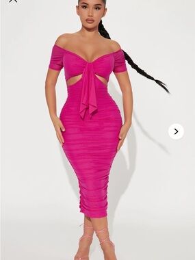 Fashion Nova Off-Shoulder Tie-Front Midi Dress in Hot Pink